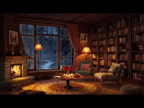 Rainy Cabin Retreat ☔ Relaxing Jazz Music & Warm Fireplace Sounds for Work, Study & Unwind
