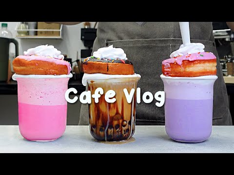 💜도넛 올린 라떼 비주얼에 심쿵🍩지치고 힘들 땐 음료 ASMR로 힐링해요/카페브이로그/Cafe Vlog/ASMR/Tasty Coffee