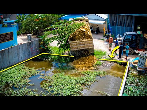 First Start a New Project! Landfill Delete Flooded Area by Dozer D20A & Truck Push Stone Into Water