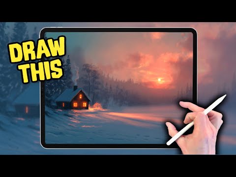 PROCREATE Landscape Drawing Tutorial - SNOW CABIN in easy steps