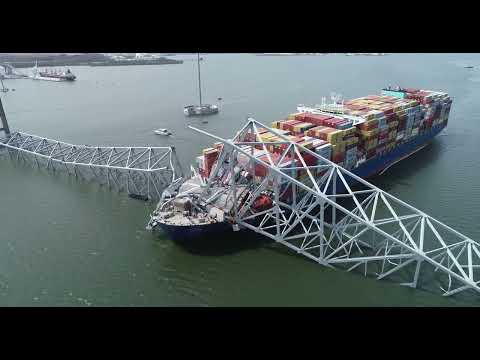 NTSB B-Roll - Aerial Imagery of Francis Scott Key Bridge and Cargo Ship Dali