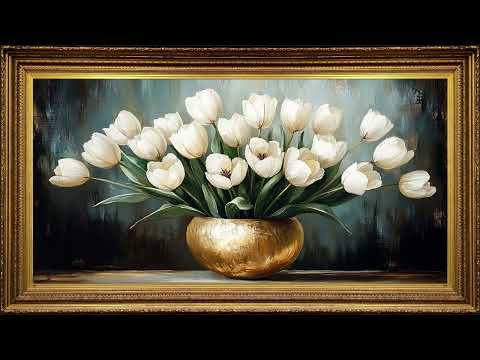White Tulips in Gold Vase, Vintage Oil Painting 4K UHD | Framed Art Screensaver for TV