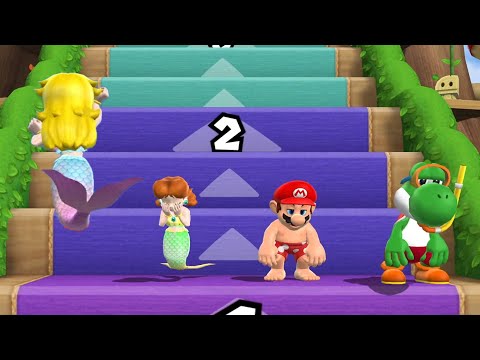 Mermaid Peach vs Mermaid Daisy vs Mario vs Yoshi in Hardest Step It Up Battle | Mario Party 9