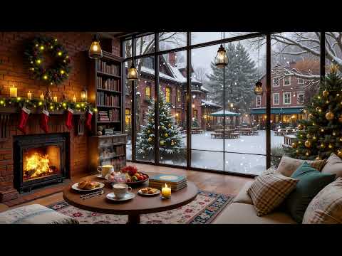 Warm Winter Christmas Coffee Shop ❄️ Relaxing Piano Jazz & Cozy Fireplace Sounds for Study & Work