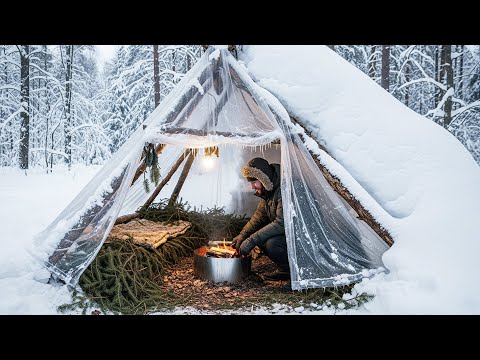Winter Forest Survival Shelter Made From Plastic Wrap   Extreme Cold Bushcraft