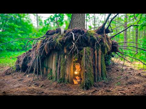 Building a Сozy Shelter Under an Oak Root. Survival, Bushcraft