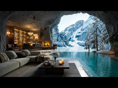Snowy Mountain Living Room Jazz Ambience | Tranquil Jazz Music & Fireplace Sounds for Work, Study