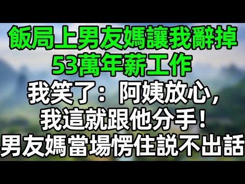 飯局上男友媽讓我辭掉53萬年薪工作，我笑了：“阿姨您放心，我這就跟他分手！”男友媽當場愣住説不出話#深夜淺讀 #夜讀人生 #大橘講故事  #情感故事  #講故事  #幸福生活 #深夜故事