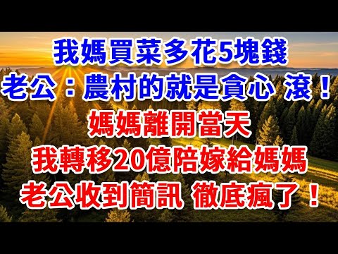 我媽為給我補身體，買菜多花5塊錢，老公：農村的就是貪心 滾！媽媽離開當天，我轉移20億陪嫁給媽媽，老公收到簡訊 徹底瘋了。#思妤說故事#為人處世#生活經驗#情感故事#晚年哲理#說故事#完結文#原創故事