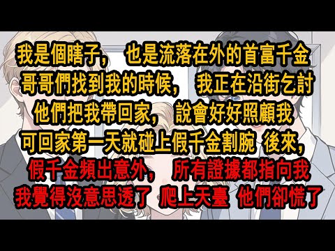 我是個瞎子，也是流落在外的首富千金 哥哥們找到我的時候，我正在沿街乞討。他們說會好好照顧我 可回家第一天就碰上假千金割腕 後來，假千金頻出意外，所有證據都指向我，我覺得沒意思透了，爬上天臺，他們卻慌了