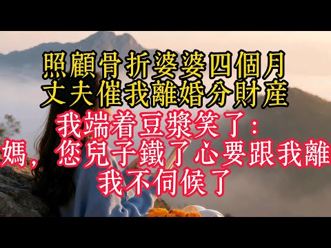 照顧骨折婆婆四個月，丈夫催我離婚分財產，我端著豆漿笑了：媽，您兒子鐵了心要跟我離，我不伺候了