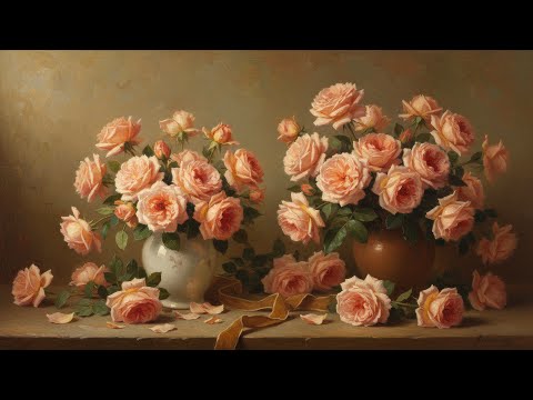 Frame TV Art 4K - Painterly Peach Rose Bouquets in Vases - Timeless Elegance