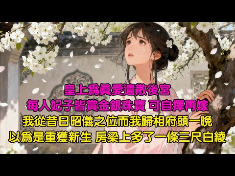 皇上為真愛遣散後宮，每人妃子皆賞金銀珠寶可自擇再嫁，我從昔日昭儀之位而我歸相府頭一晚，以為是重獲新生，房梁上多了一條三尺白綾！