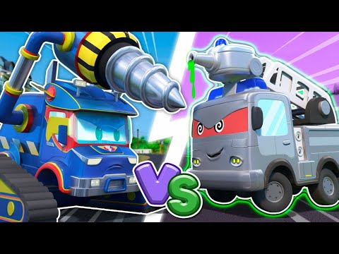 超级钻孔机对战消防车机器人！谁是最强的？| 儿童汽车和卡车救援