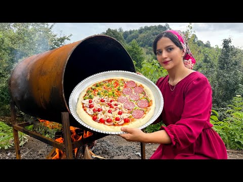 Baking pizza in a barrel with the perfect dough recipe in village