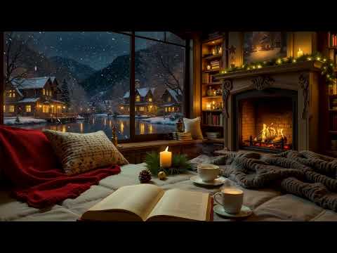 Cozy Winter Jazz Music ❄ Crackling Fireplace Ambience at a Warm Lakeside Cabin for Relaxing, Focus