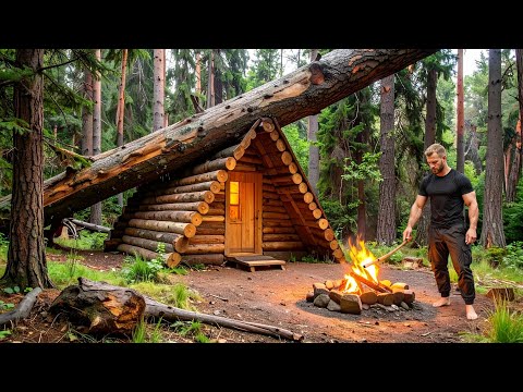 I Built a Bushcraft Survival House Under a Giant Fallen Tree Trunk