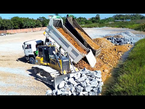Great Actions !! Amazing Skills Pushing Stone Deleted Lake By SHANTUI DOZER Nice Dump Truck 10-Wheel