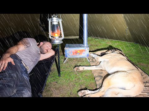 Hot Tent Rain Camping in Heavy Rain All Day! - Caught in Rainstorm With My Dog!