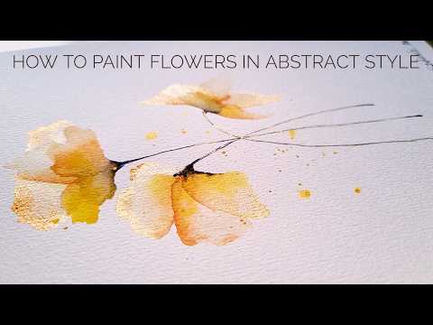 How to paint transparent layered golden flowers in abstract style: floral watercolor painting