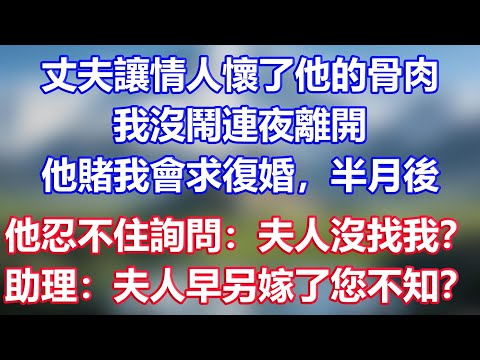 丈夫讓情人懷了他的骨肉，我沒鬧連夜離開，他賭我會求復婚，半月後，他忍不住詢問：夫人沒找我？助理：夫人早另嫁了您不知？
