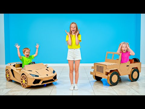 Nastya joins a fun cardboard car challenge for children