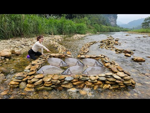 The girl skillfully stacked stones from the stream on top of each other to create a unique fish trap