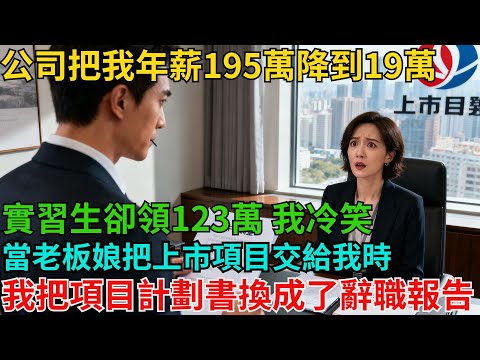 公司把我年薪195萬降到19萬，實習生卻領123萬，我冷笑，當老板娘把上市項目交給我時，一周後我把項目計劃書換成了辭職報告【非常物語】#職場故事#職場矛盾#職場人際關系#職場揭秘