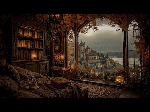 A Cozy Nook Overlooking the Lakeside Medieval Town | Rainy Autumn Ambience | Dark Academia Music