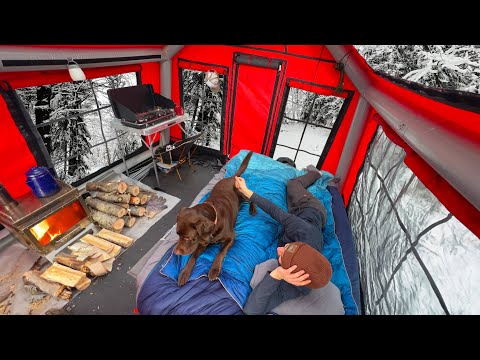Cozy Winter Camping In Inflatable Cabin W/ Wood Burning Stove