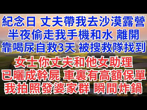 紀念日,丈夫帶我去沙漠露營,半夜偷走我手機和水離開,靠喝尿自救3天,被搜救隊找到:女士你丈夫和他女助理已經曬成幹屍,車裏有高額保險單,我拍照發婆家群裏瞬間炸鍋!#情感故事#故事#小說#婚姻#為人處世