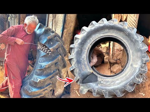 Old Man Repairing A Big Tractor Tire-How Gaint Tractor Tire Are Repair|Amazing Skill