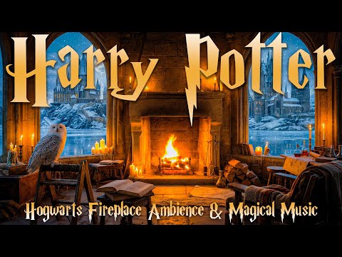 Harry Potter Fireplace Ambience 🔥 Cozy Castle Room with Hogwarts View | Magical Music