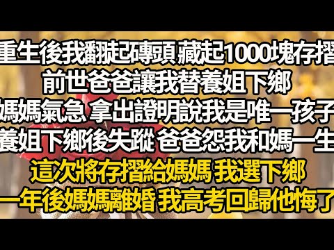 【完結】重生後我翻起磚頭 藏起1000塊存摺，前世爸爸讓我替養姐下鄉，媽媽氣急 拿出證明說我是唯一孩子，養姐下鄉後失蹤 爸爸怨我和媽一生，這次將存摺給媽媽 我選下鄉，一年後媽媽離婚 我高考回歸他悔了