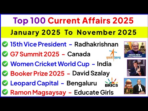 Top 100 Important Current Affairs 2025 | Last 11 Months Current Affairs 2025 | Current GK 2025 