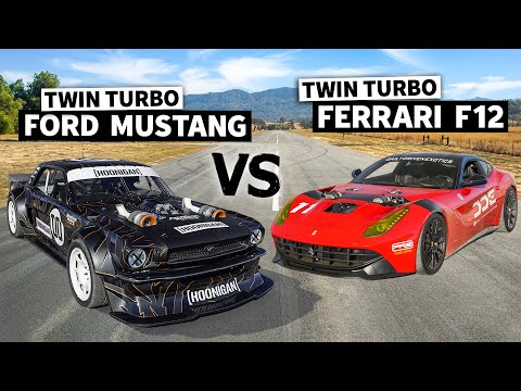 FORD vs FERRARI! DDE's Twin Turbo F12 vs Lia Block's 1400hp AWD Mustang NO PREP Drag Race