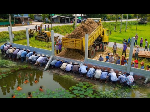 First Start New Project, Filling Up Land Huge,Bulldozers D20P Pushing Soil & Dump Trucks Unloading 