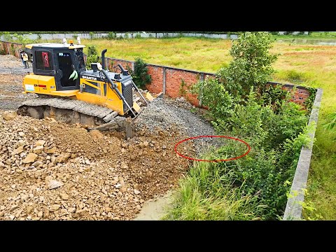 Nicely Complete Soil Filling by Skills Shantui DH17c3 Dozer Pushing Soil And Dump Trucks Near Fence