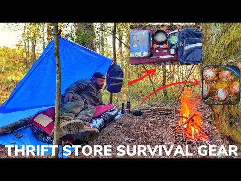 Solo Overnight Doing a $25 Thrift Store Survival Gear Challenge In the Woods and Bacon Wrapped Steak