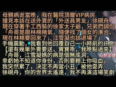 《流星劃過春色來》【還有幾單外賣要送，寶寶乖，我晚點過來】母親病逝當晚，江雪凝在我在VIP病房撞見「外送員男友」穿著手工西裝「舟哥是跟林棉賭氣，隨便找了個女的湊合。林棉要回來了，江雪凝也該退場了」