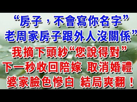 “房子，不會寫你名字。”我們老周家房子跟外人沒關係”我摘下頭紗“您說得對”下一秒收回陪嫁 取消婚禮，婆家臉色慘白 結局爽翻！#故事頻道 #為人處世 #生活經驗