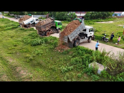 First Start a New Project!! Processing by Dozer Komat'su D20P & 5T Dump Truck Unloading Dirt to Fill