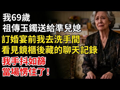 我69歲把祖傳玉鐲送給準兒媳當見面禮，訂婚宴前我去洗手間，鏡櫃後藏的聊天記錄讓我手抖如篩，當場愣住了！#家庭故事#老年生活#婚姻#情感故事#晚年