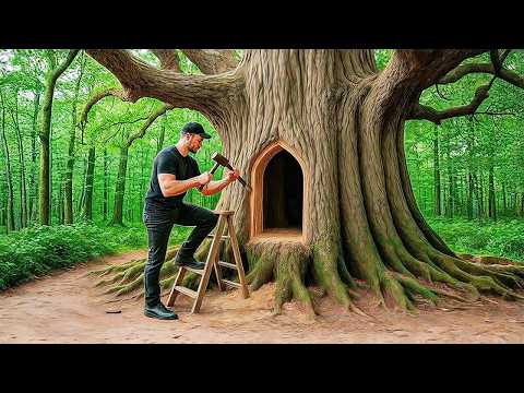 I Spent 28 Days Building a Bushcraft Survival Home Inside a Giant Tree