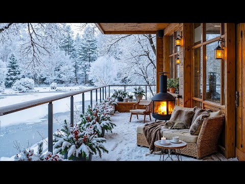 Snowfall at Cozy Winter Cabin Ambience ❄️ Slow Piano Music & Fireplace Sounds for Relaxation