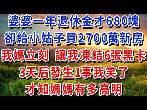 婆婆一年退休金才680塊，卻給小姑子買2700萬新房，我媽立刻，讓我凍結6張黑卡，3天后發生1事我笑了，才知媽媽有多高明！#書婷講故事 #為人處世#生活經驗#情感故事#晚年哲理#說故事#完結文