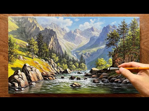 How to draw landscape painting #23 - Mountain and stream landscape / Acrylic landscape painting.
