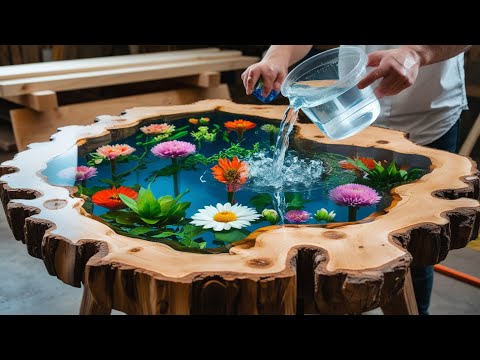 Epoxy Art Goes Floral: Coffee Table Design with Flowers- 19th Century Antique Table with Epoxy Resin