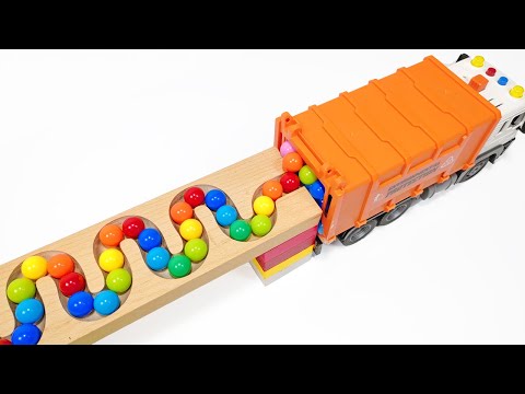 Marble Run Race ☆ HABA Slope & Retro Makita Truck, Excavator, Garbage Truck Dump, Ambulances Truck