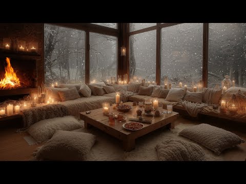 Quiet Winter Cabin Night in The Forest ❄️ Gentle Piano, Fireplace & Snowfall for Relaxing